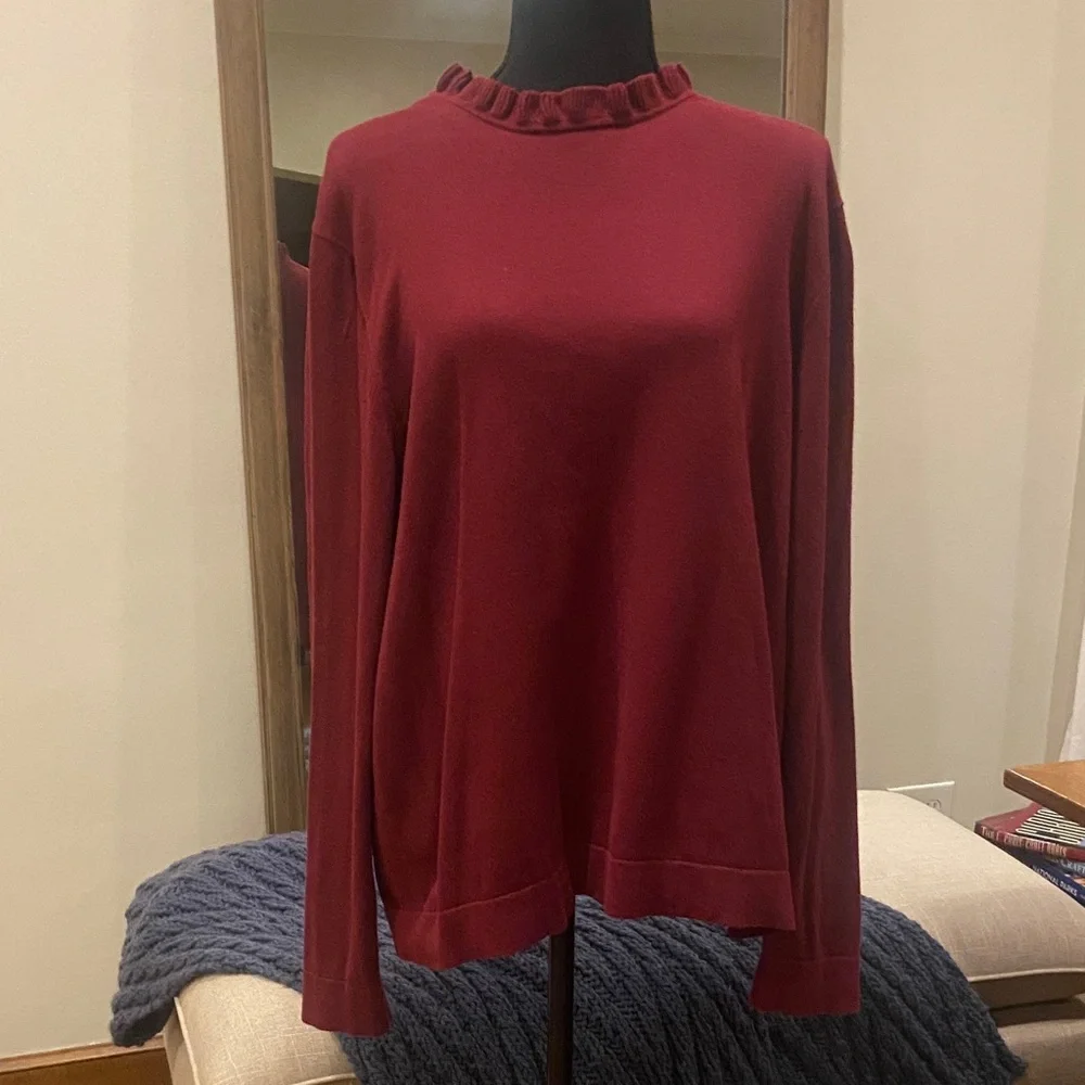 J. Crew burgundy frill neck cotton sweater, size XL - Picture 1 of 3